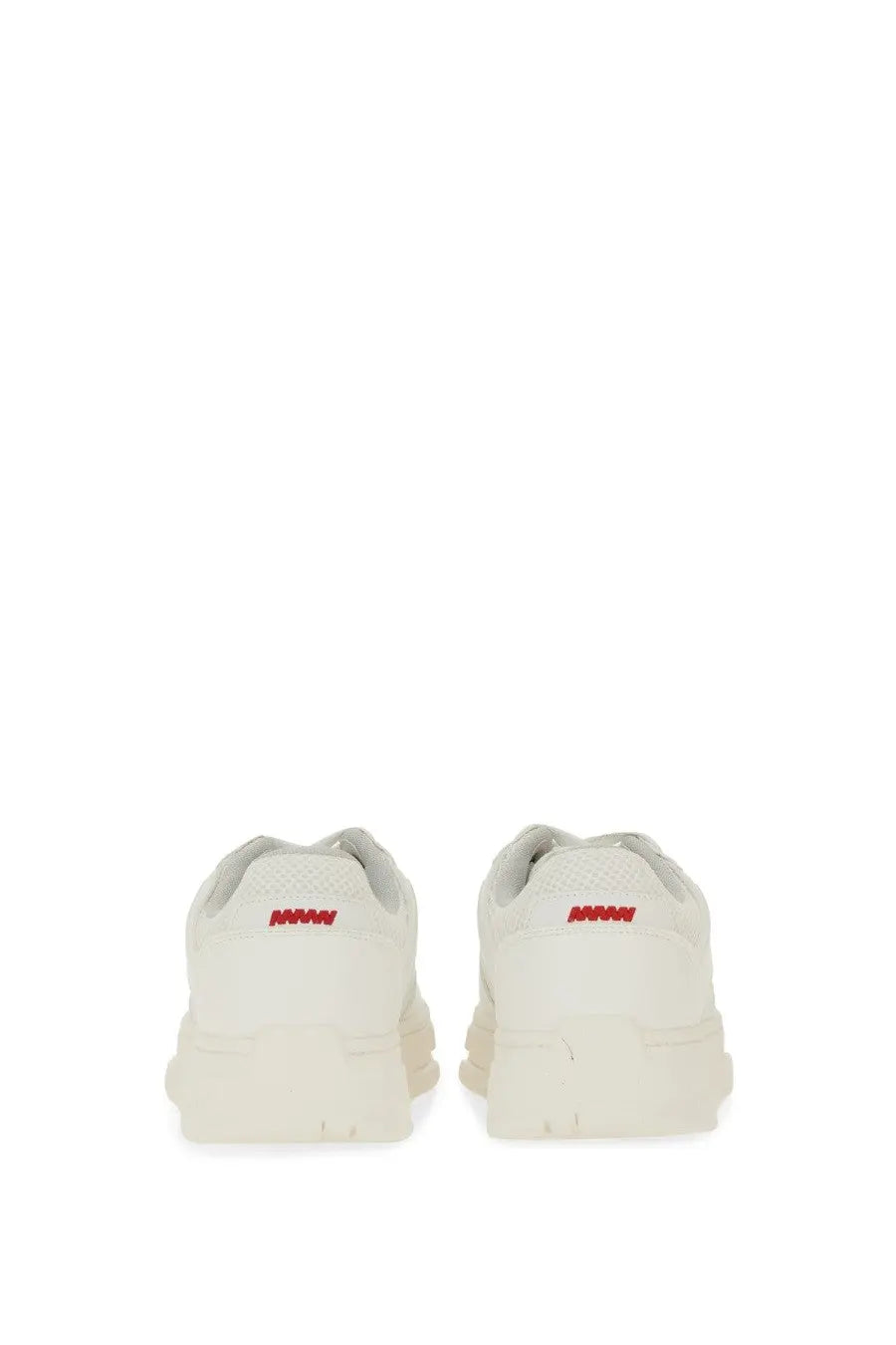 Back view of hugo boss men’s yarrow sneaker white with red logo detailing on the heel in leather material