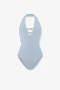 Hunza G women’s Adriana crinkle fabric one piece swimsuit in light blue with ribbed halter neck and beaded neckline detail