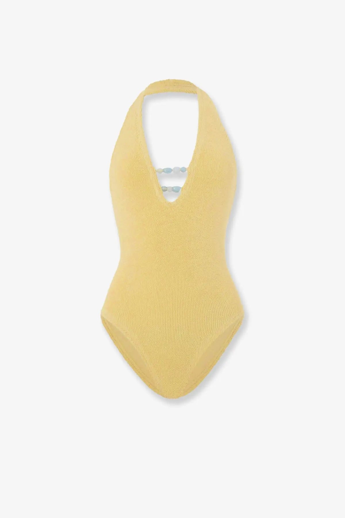 Hunza g women one piece swimsuit in yellow ribbed crinkle fabric with halter neckline and back tie details visible