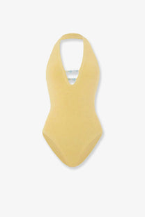 Hunza g women one piece swimsuit in yellow ribbed crinkle fabric with halter neckline and back tie details visible