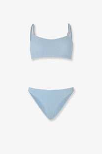 Light blue textured two-piece crinkle bikini set by hunza g designed for comfortable beachwear