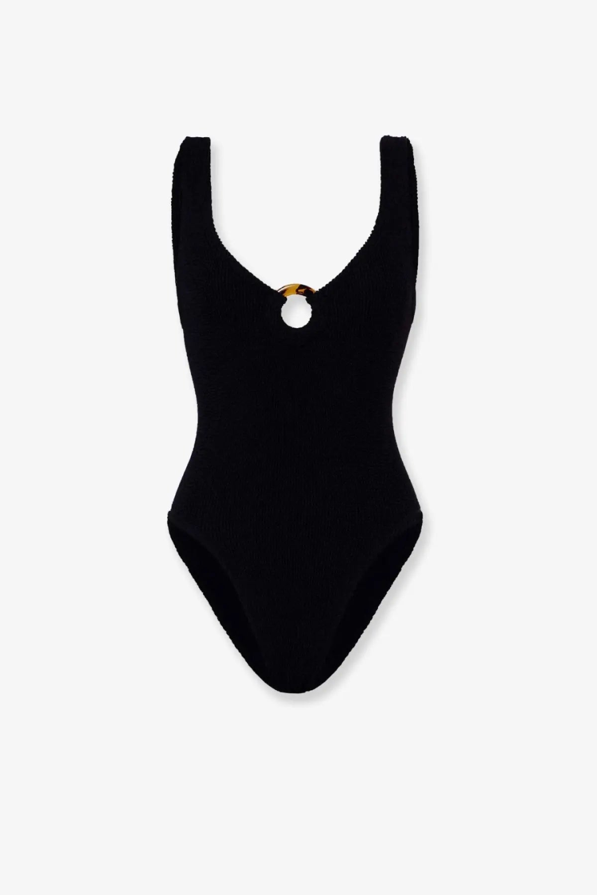 Hunza G women’s Celine crinkle fabric one piece swimsuit in black with ribbed texture and tortoiseshell neckline accent