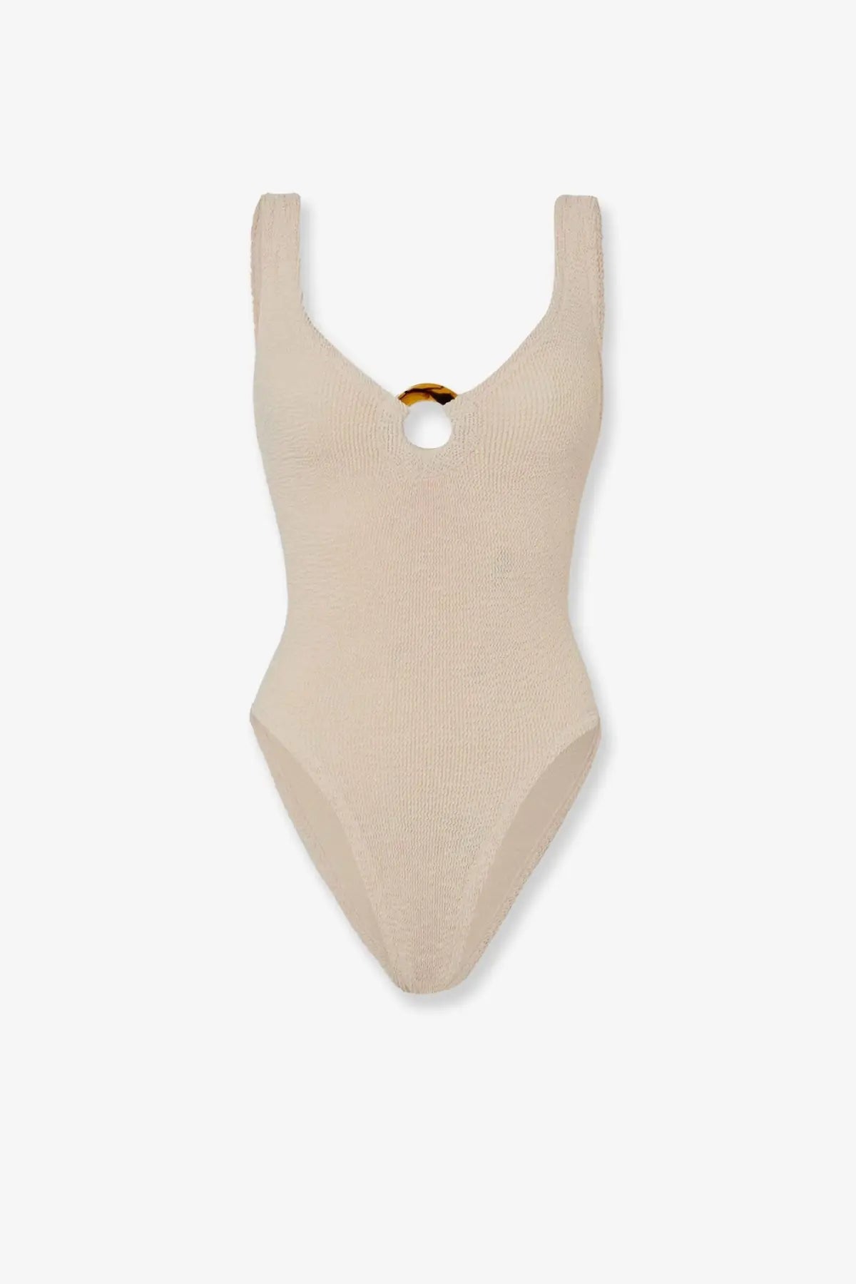 Hunza g women’s celine beige ribbed one-piece swimsuit with keyhole neckline and tortoiseshell button detail