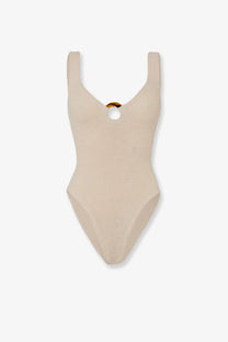 Hunza g women’s celine beige ribbed one-piece swimsuit with keyhole neckline and tortoiseshell button detail