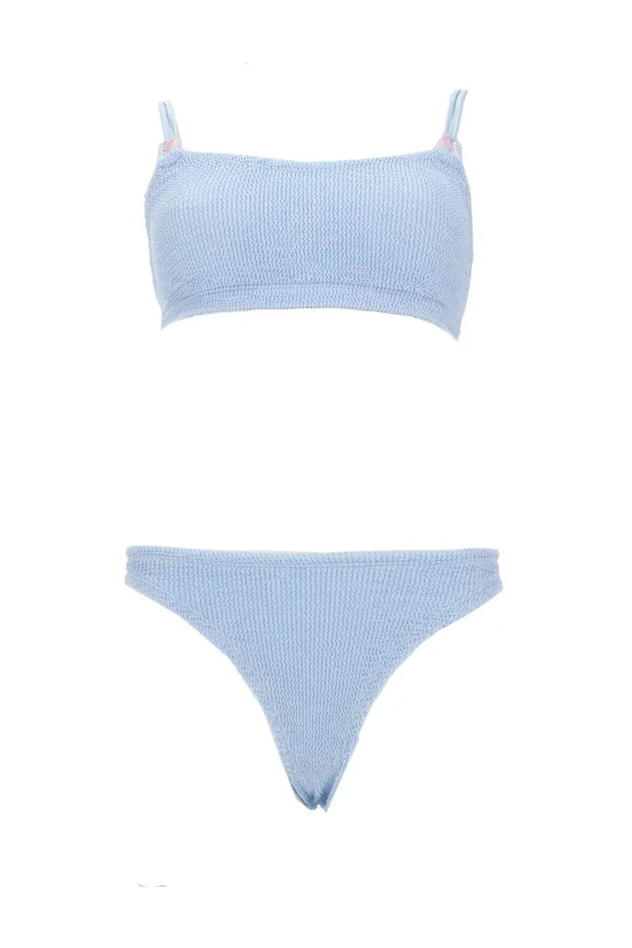 Light blue ribbed knit two-piece bikini set with thin straps by Hunza G in the costume bikini Cassie Blue style