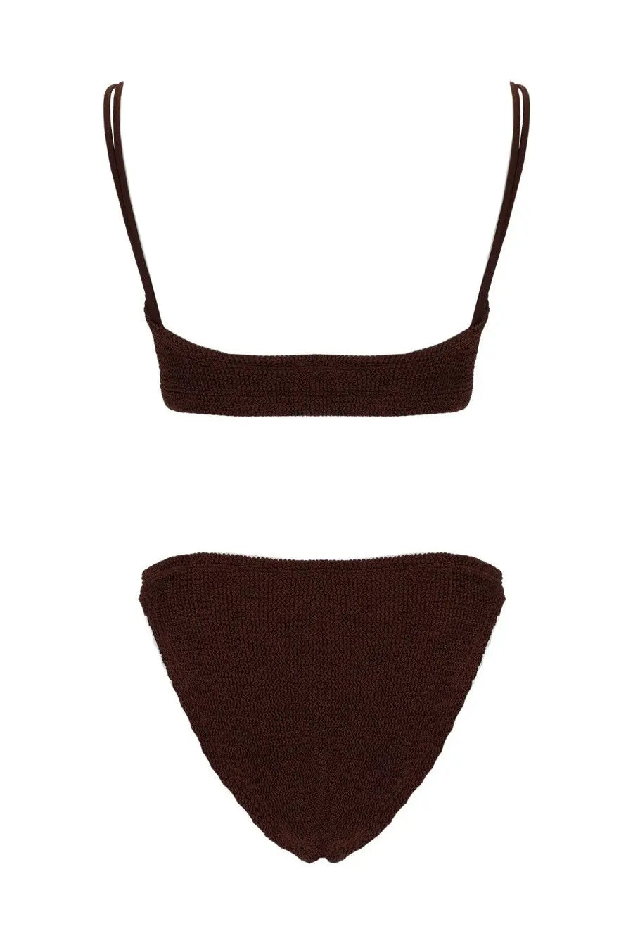 Brown knitted bikini set with thin straps and ribbed textured fabric from Hunza G women’s costume bikini cassie brown