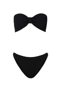 Hunza G women’s costume bikini jean black black ribbed knit bandeau top with bow detail and matching high-cut bottom