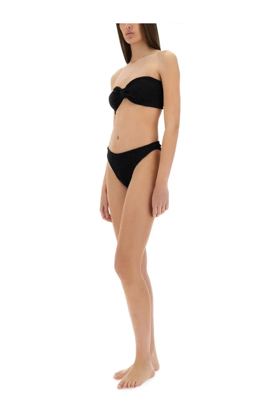 Hunza G women’s costume bikini jean black strapless top with knotted front and matching high-waisted briefs