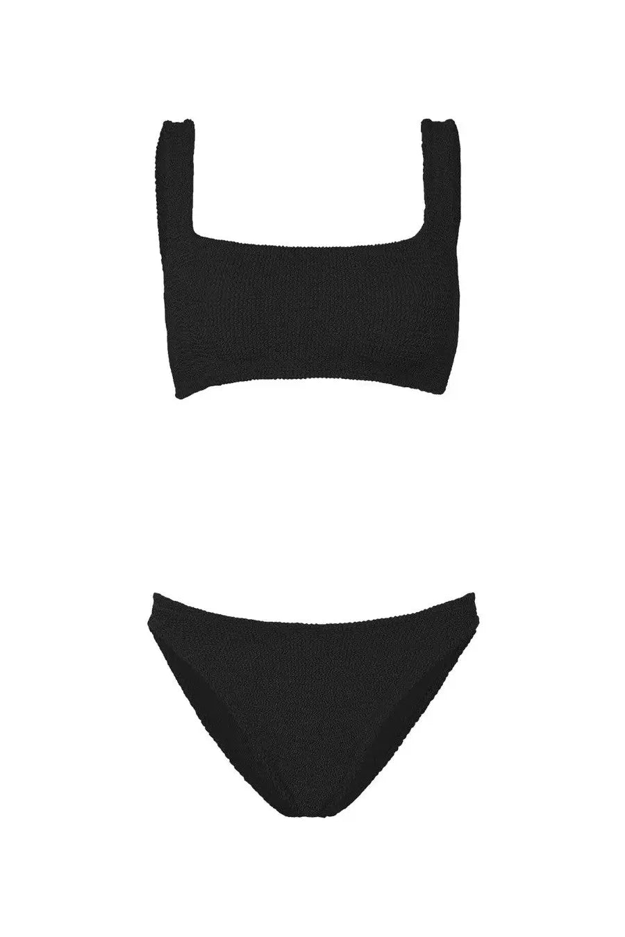 Black ribbed knit two-piece bikini set by Hunza G women’s costume suitable for beachwear and swimming