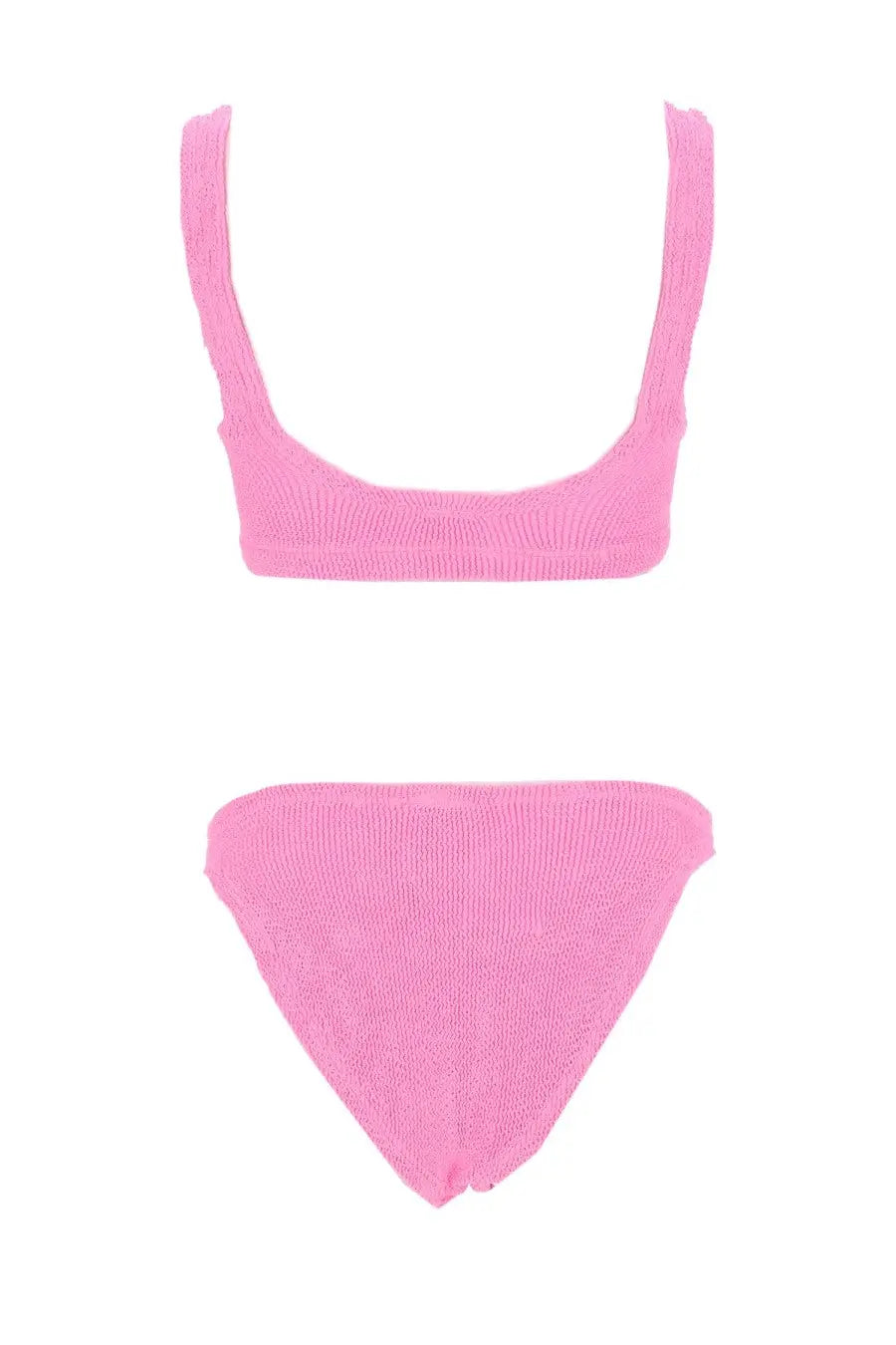 A vibrant pink knitted bikini set with ribbed texture and wide shoulder straps from hunza g women’s costume bikini xandra blue