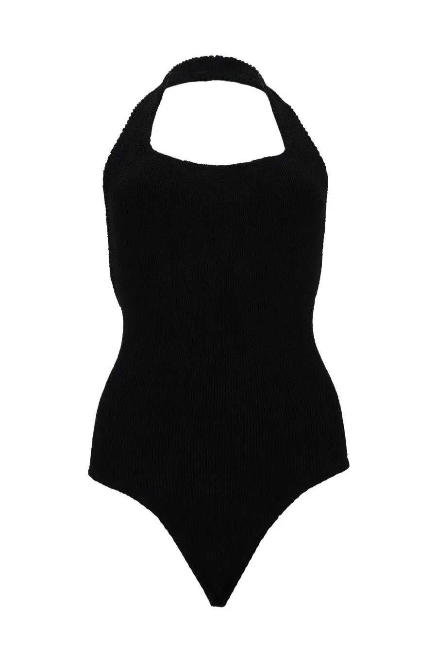 Black ribbed knit halter neck one-piece bodysuit by hunza g for women suitable for swim and beachwear