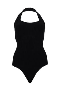 Black ribbed knit halter neck one-piece bodysuit by hunza g for women suitable for swim and beachwear