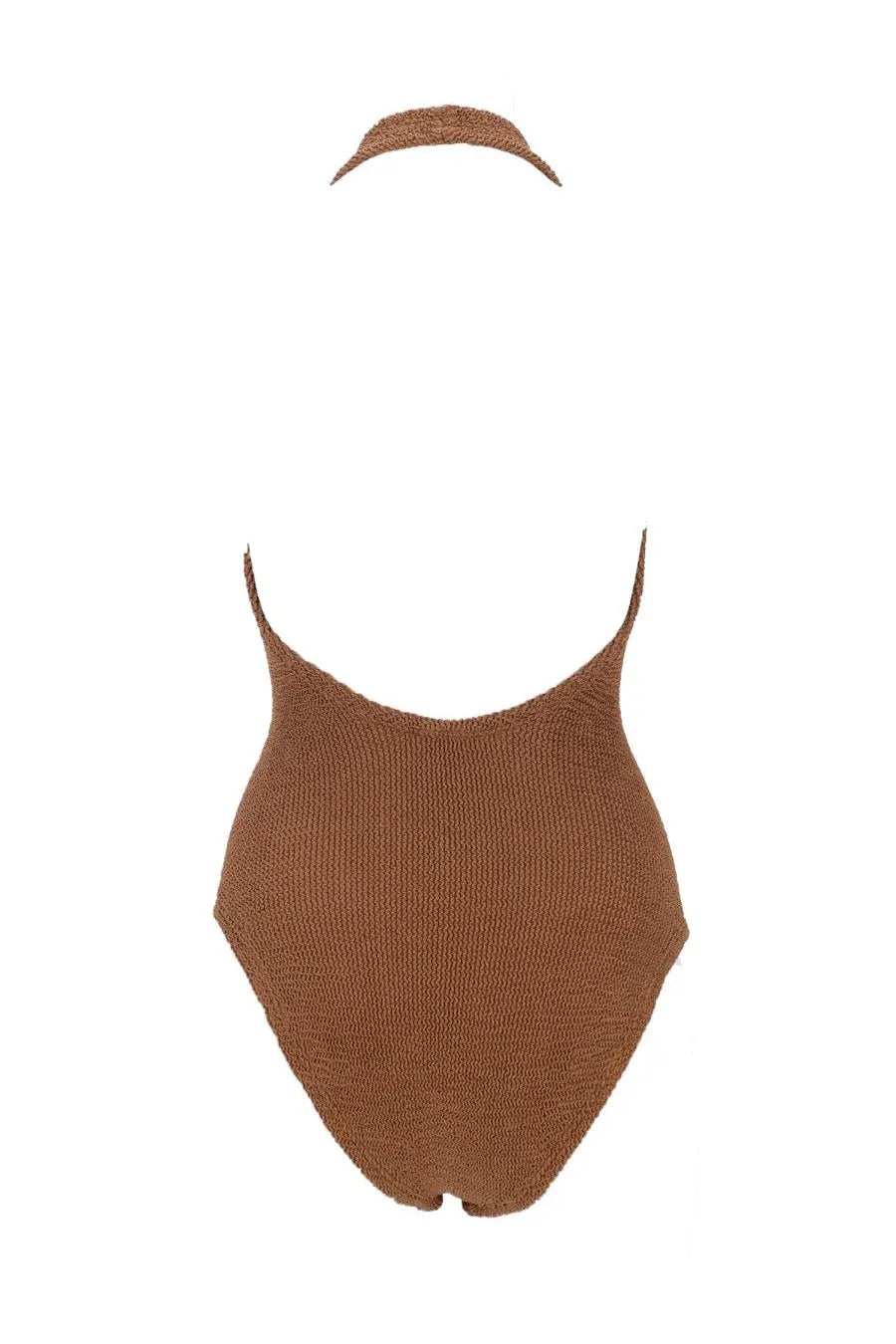 Hunza g women’s brown knitted one-piece swimsuit with matching headband made of sandy fabric for swimwear