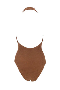 Hunza g women’s brown knitted one-piece swimsuit with matching headband made of sandy fabric for swimwear