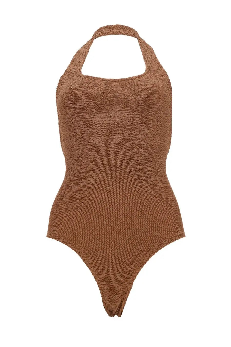 Hunza g women’s sandy swim brown textured knitted halter neck one piece swimsuit front view