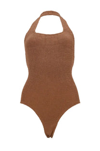 Hunza g women’s sandy swim brown textured knitted halter neck one piece swimsuit front view