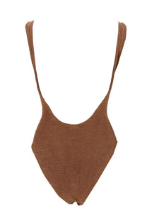 A brown knitted one-piece swimsuit with thin straps and a deep back cutout by hunza g women