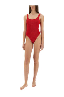 Hunza g women’s vibrant red ribbed knit one-piece swimsuit with square neckline and thin straps