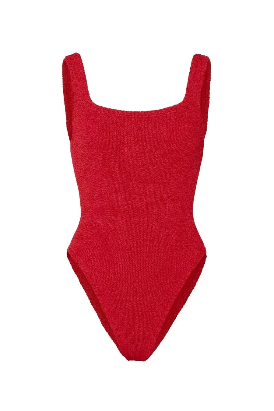 A vibrant red textured one-piece swimsuit with square neckline and wide straps by Hunza G for women
