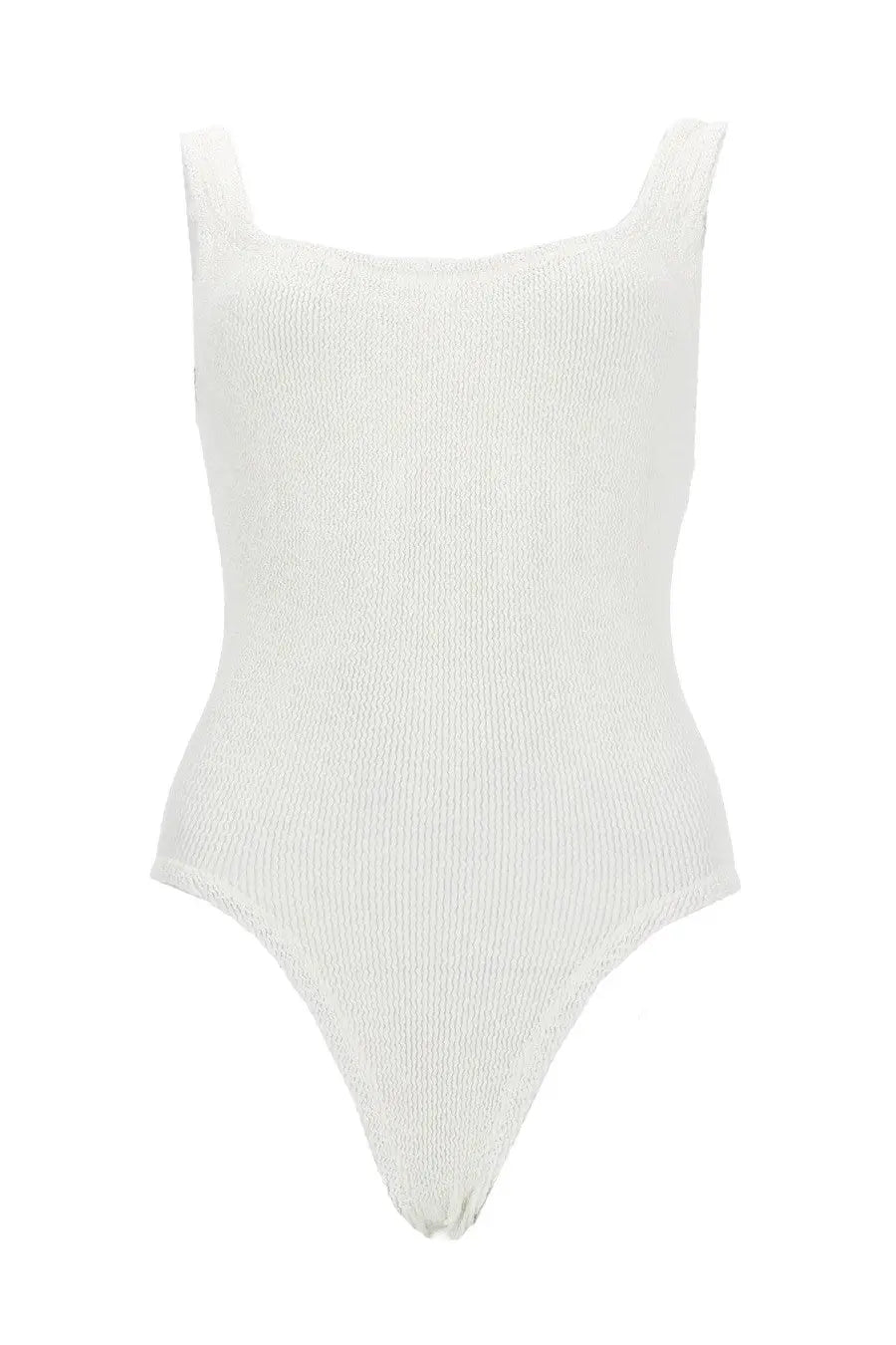 White ribbed knit one-piece swimsuit with square neckline and high-cut legs by Hunza G for women