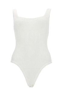 White ribbed knit one-piece swimsuit with square neckline and high-cut legs by Hunza G for women