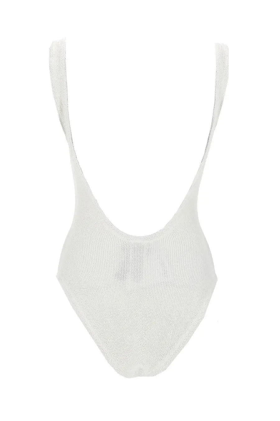 Back view of hunza g women’s white ribbed costume intero one-piece swimsuit with thin straps and deep back cutout