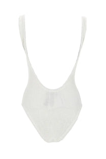 Back view of hunza g women’s white ribbed costume intero one-piece swimsuit with thin straps and deep back cutout