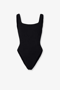 Black ribbed Hunza G women’s one-piece swimsuit with crinkle fabric square neckline and thin straps