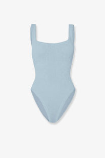 A light blue ribbed knit one-piece swimsuit with square shoulder straps from hunza g in crinkle fabric