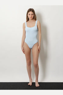 Hunza G women’s light blue crinkle fabric one piece swimsuit with thin straps and square neckline