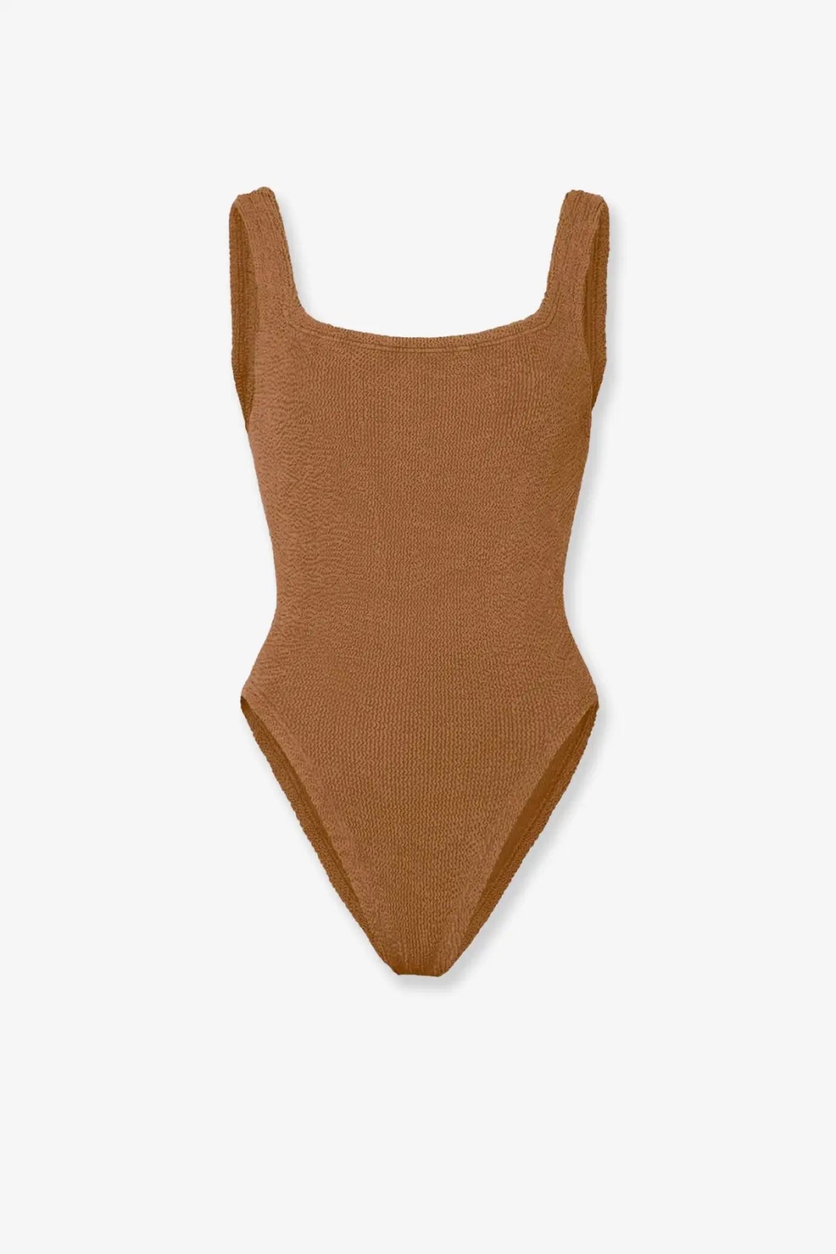 Hunza g women’s brown ribbed one piece swimsuit with wide straps square neckline crinkle fabric texture