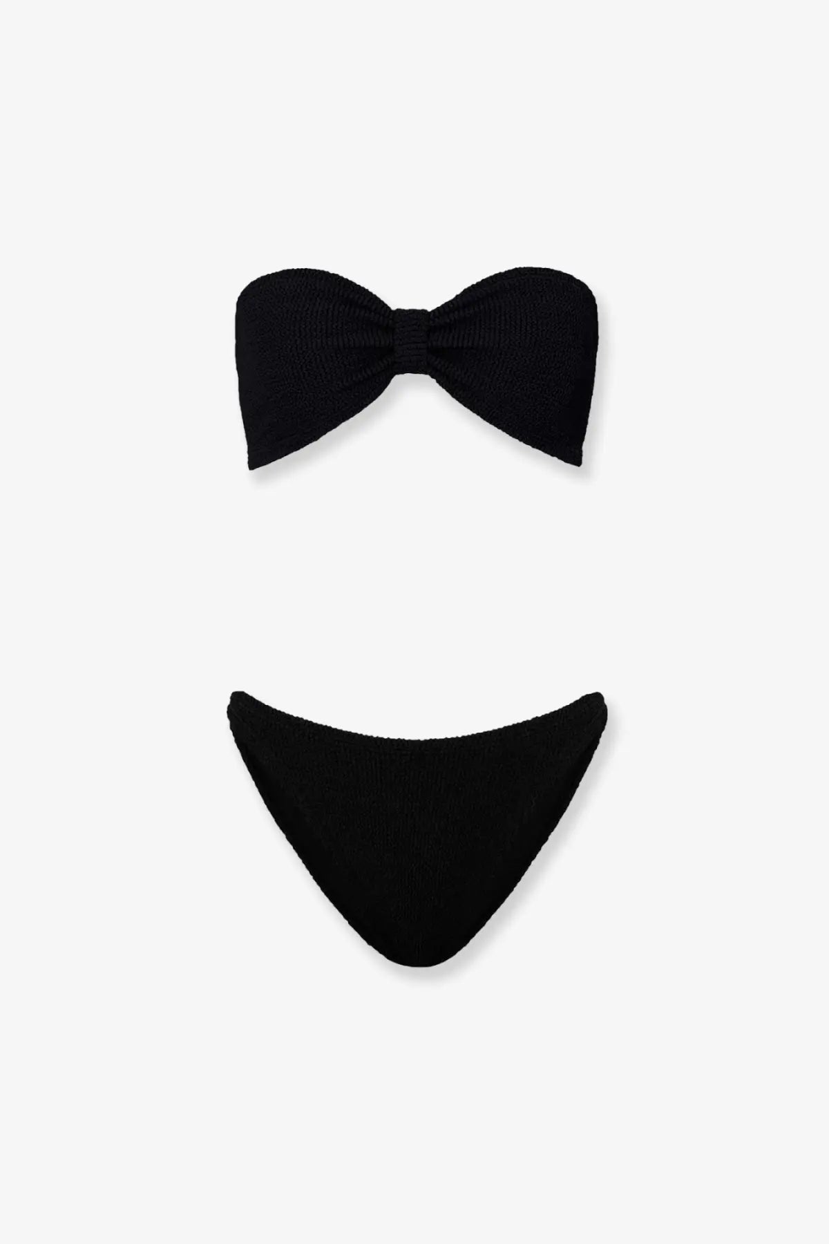 Black ribbed knit bikini top with bow detail and matching high-cut bottom from Hunza G The Original Crinkle Bikini
