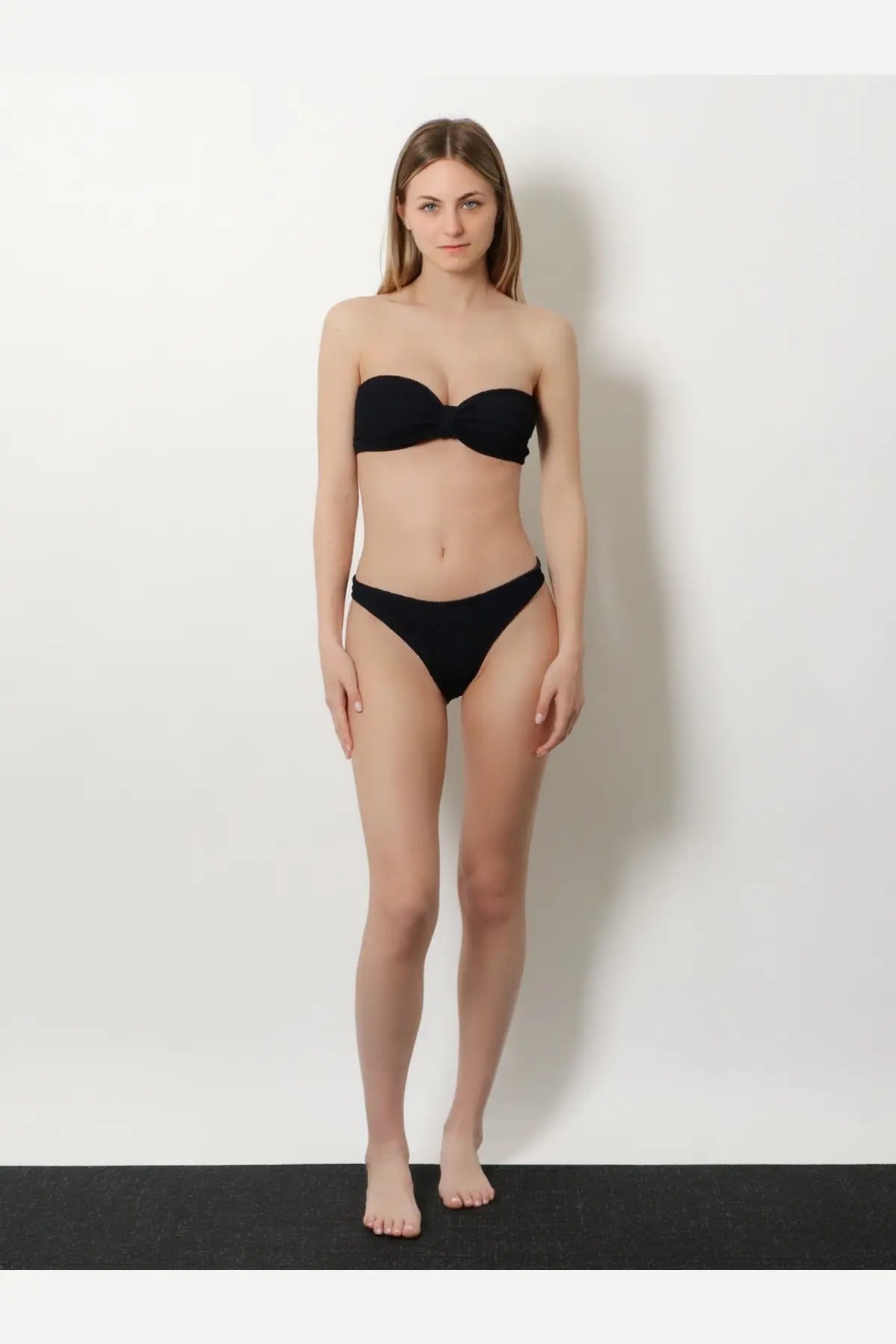 Black strapless Hunza G women’s the original crinkle bikini top with gathered center design in black fabric