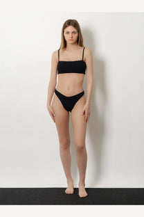 Black two-piece crinkle bikini set with thin straps from hunza g featuring a minimalist design
