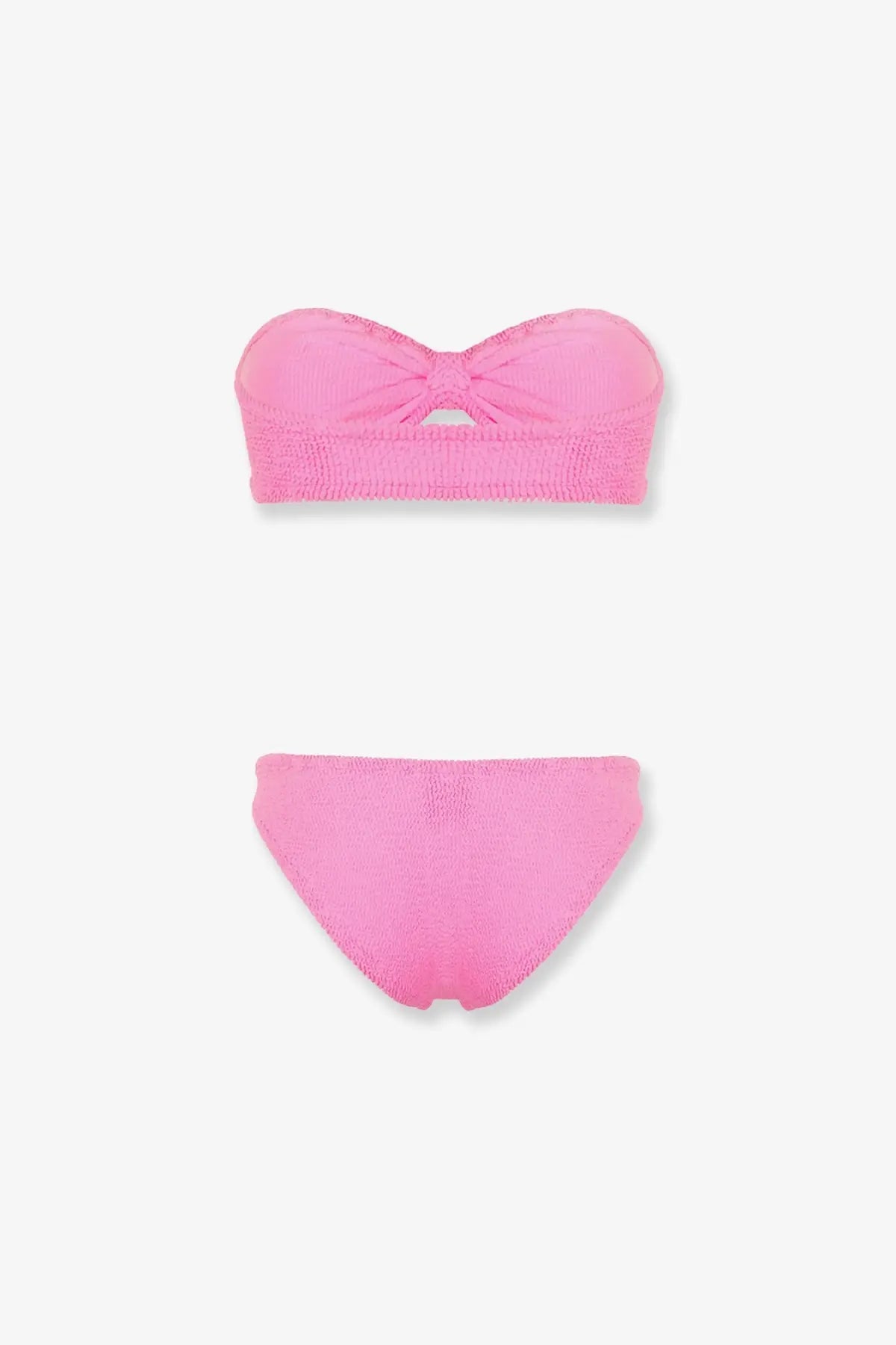 A vibrant pink textured knit two-piece bikini set with a strapless top and central bow detail by Hunza G