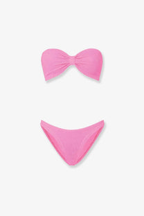 Hunza g women’s the original crinkle bikini bubblegum is a vibrant pink textured knit set with bandeau top and high-cut bottoms