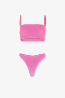 Vibrant pink ribbed knit two-piece swimsuit set hunza g women’s the original crinkle bikini bubblegum front view