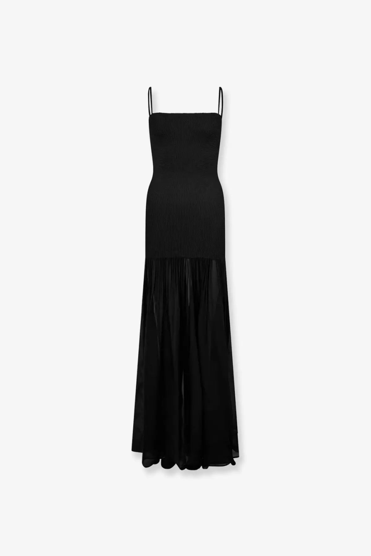 Hunza G women’s the original crinkle dress black is a black ribbed knit maxi dress with thin spaghetti straps and a sheer skirt