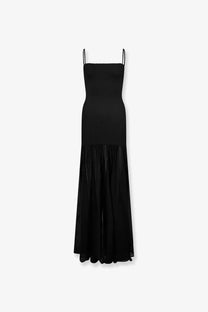 Hunza G women’s the original crinkle dress black is a black ribbed knit maxi dress with thin spaghetti straps and a sheer skirt