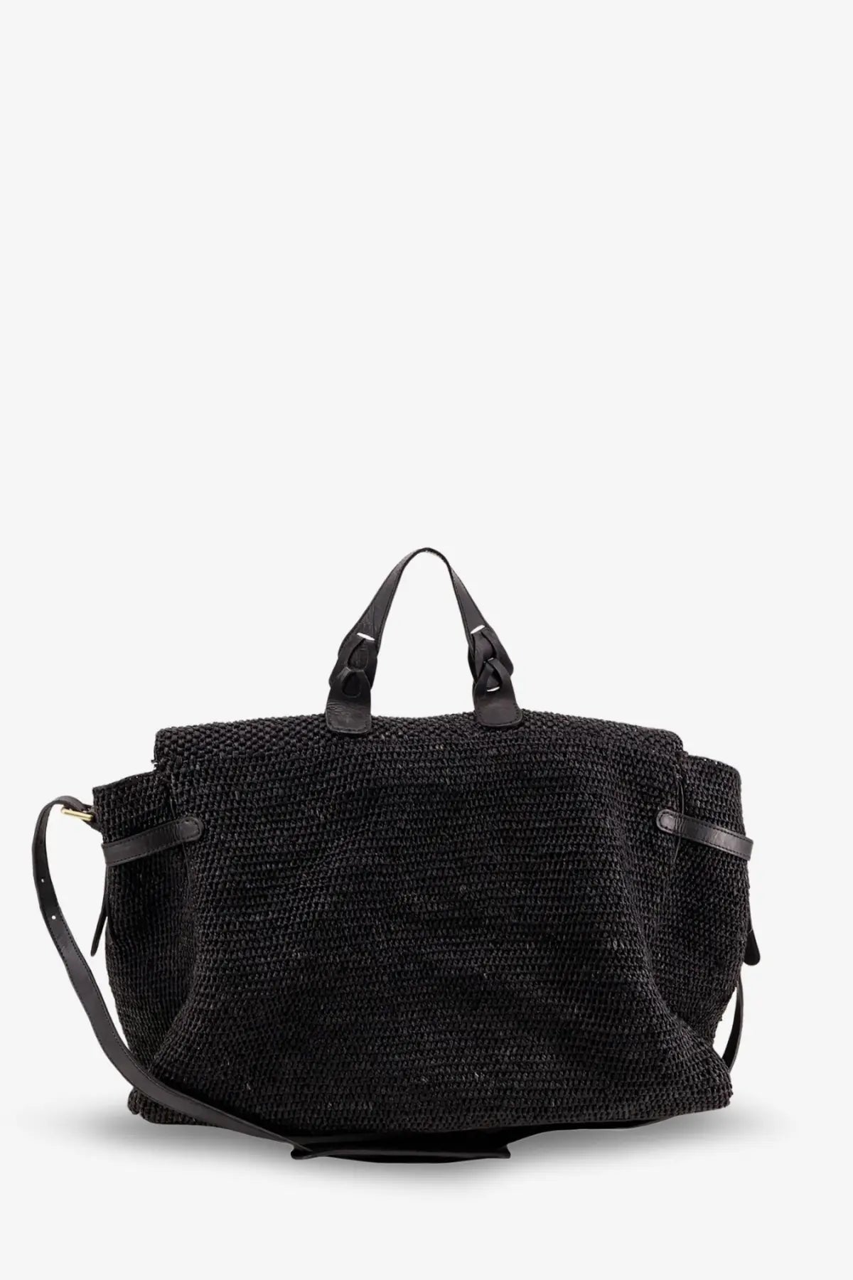 Black woven straw duffel bag with black leather handles and straps by ibeliv men alpha raffia shoulder bag black