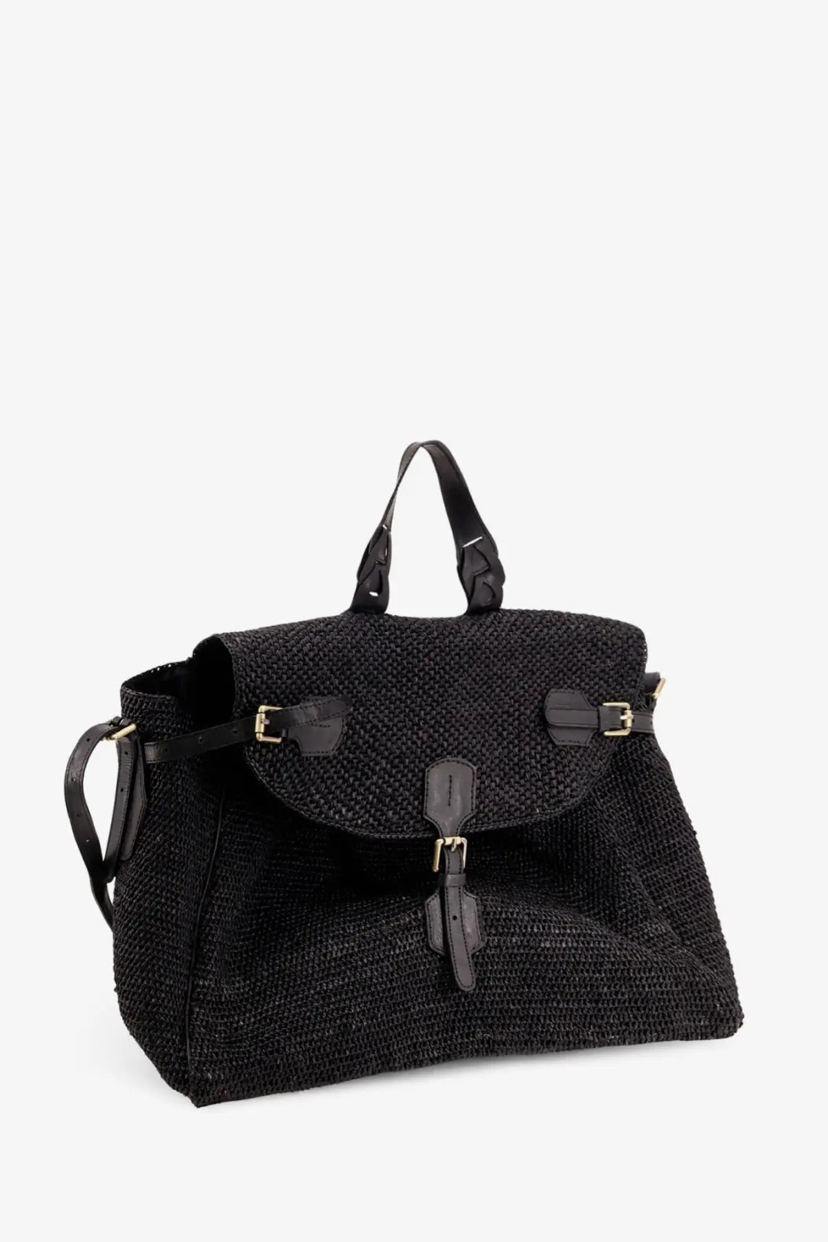 Ibeliv men’s alpha raffia shoulder bag black woven straw satchel with leather straps and gold-tone buckles
