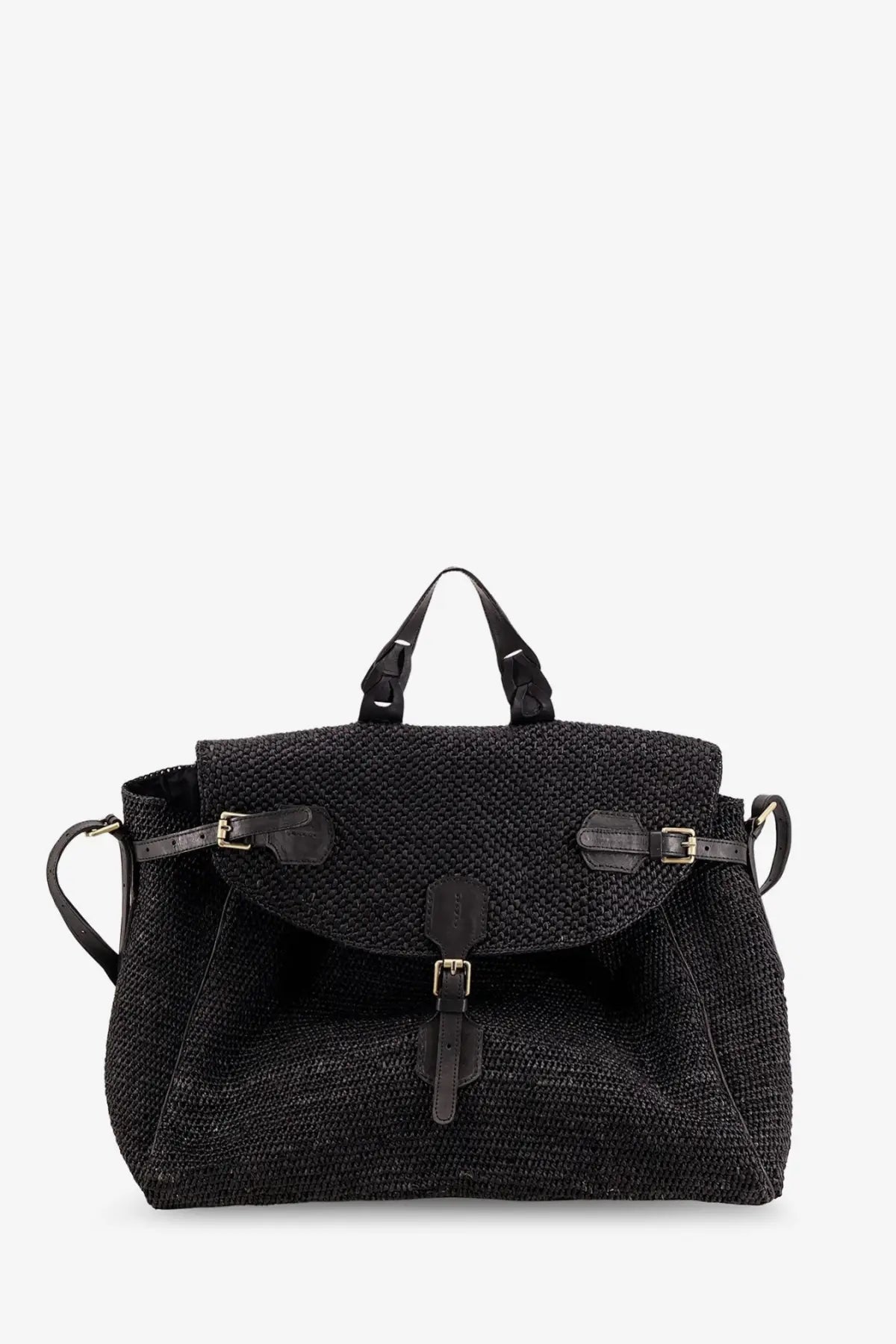 Ibeliv men’s Alpha raffia shoulder bag in black with woven straw texture leather straps and buckle closures