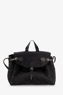 Ibeliv men’s Alpha raffia shoulder bag in black with woven straw texture leather straps and buckle closures