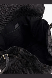 Ibeliv men’s alpha raffia shoulder bag black woven straw tote with leather strap and gold tone buckle