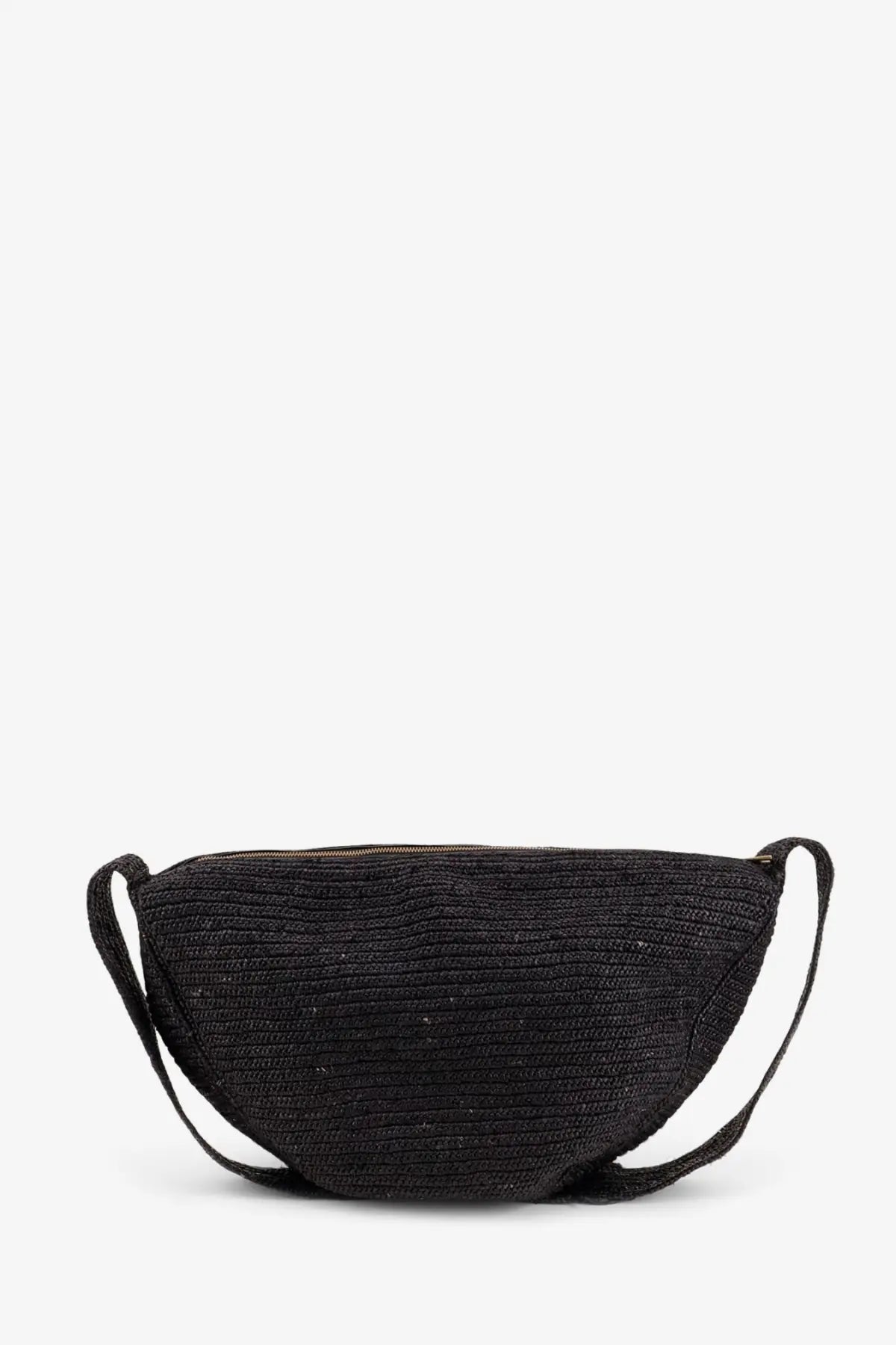 Ibeliv men’s raffia clip crossbody bag black with woven straw material, sleek textured surface, and adjustable strap