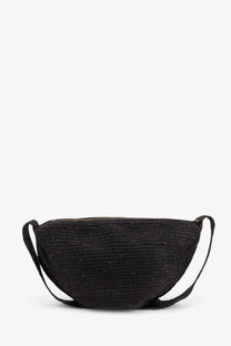 Ibeliv men’s raffia clip crossbody bag black with woven straw material, sleek textured surface, and adjustable strap