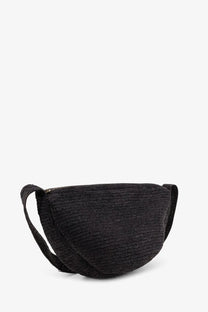 Ibeliv men’s raffia clip crossbody bag black with black woven straw belt and curved crescent shape with adjustable strap