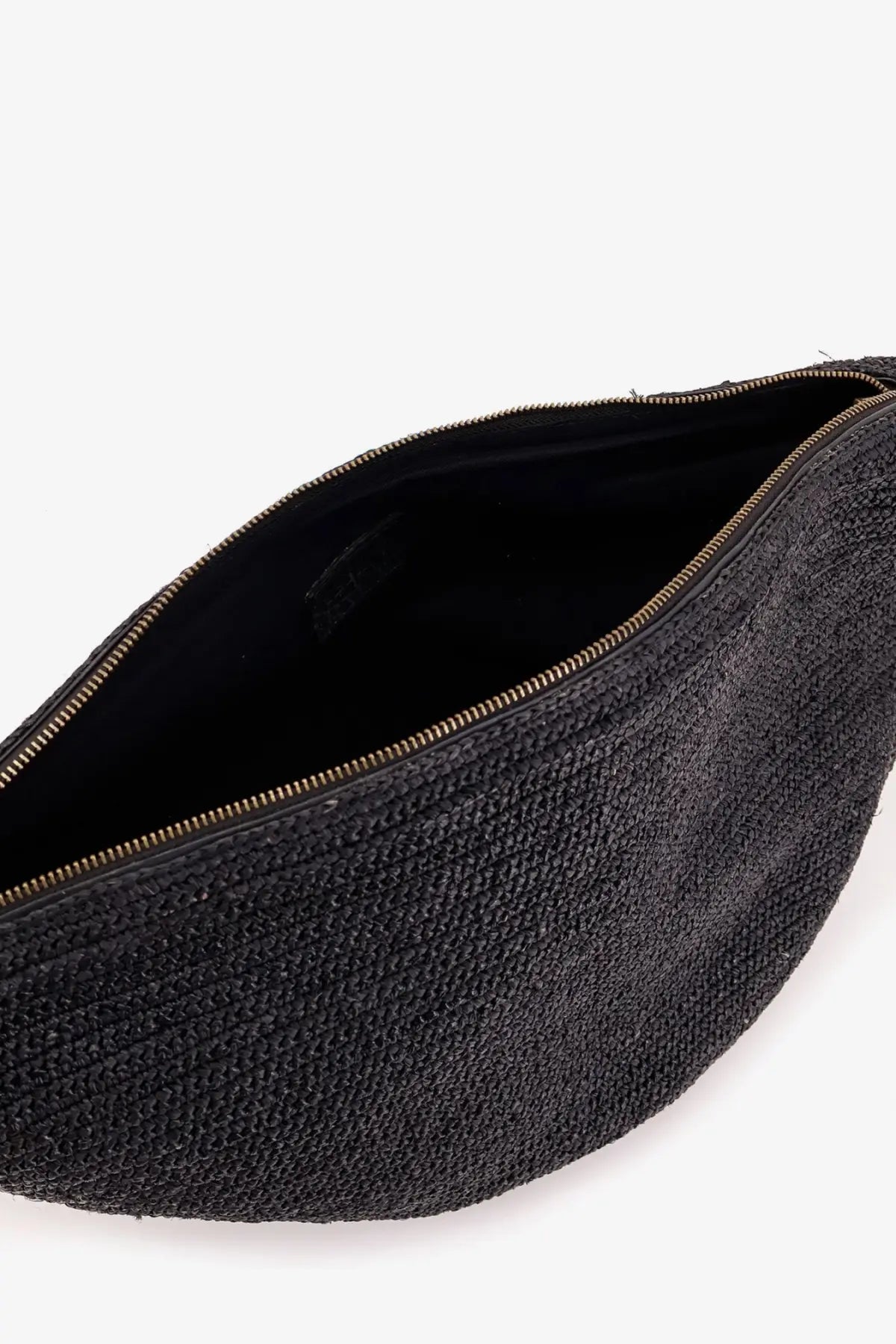 Ibeliv men’s raffia clip crossbody bag in black with woven texture gold-toned zipper and black interior lining
