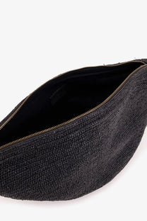 Ibeliv men’s raffia clip crossbody bag in black with woven texture gold-toned zipper and black interior lining