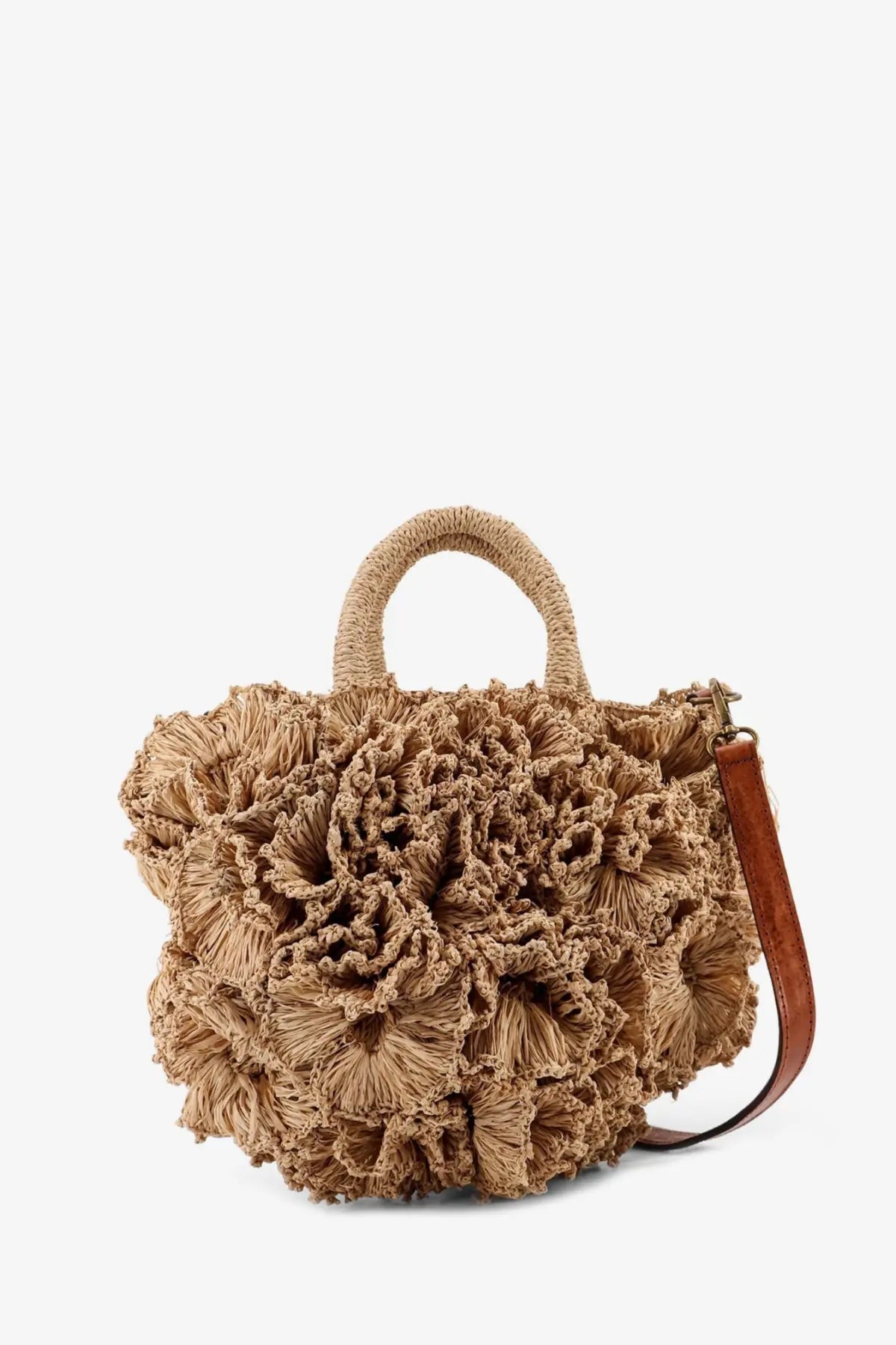 Ibeliv women’s coral raffia crossbody bag tea beige woven straw handbag with ruffled floral detailing and brown leather strap